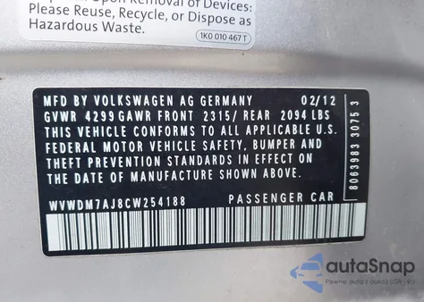 2012 Volkswagen Golf Tdi 4-Door из США, поврежденный, VIN WVWDM7AJ8CW254188